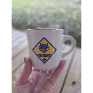 Vintage White Cub Scouts Coffee Mug With Wolf Logo Gold Rim